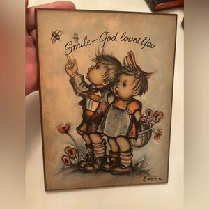 Vintage Evans Wooden Wall Plaque Print Hummel Goebel “ Smile God loves You” 7x10